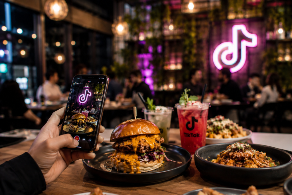 التيك توك - تَذَوَّقَ Person holding a smartphone to photograph a burger and drinks at a neon TikTok–themed restaurant.