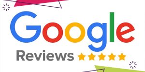 Google Reviews logo with the word 'Reviews' and five gold stars on a white background with colorful decorative shapes.