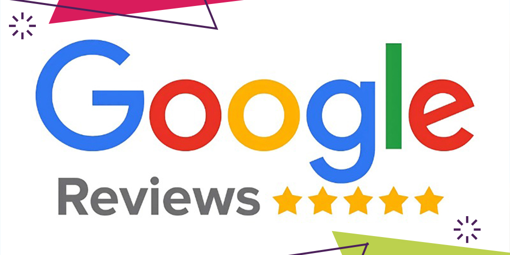 Google Reviews logo with the word 'Reviews' and five gold stars on a white background with colorful decorative shapes.